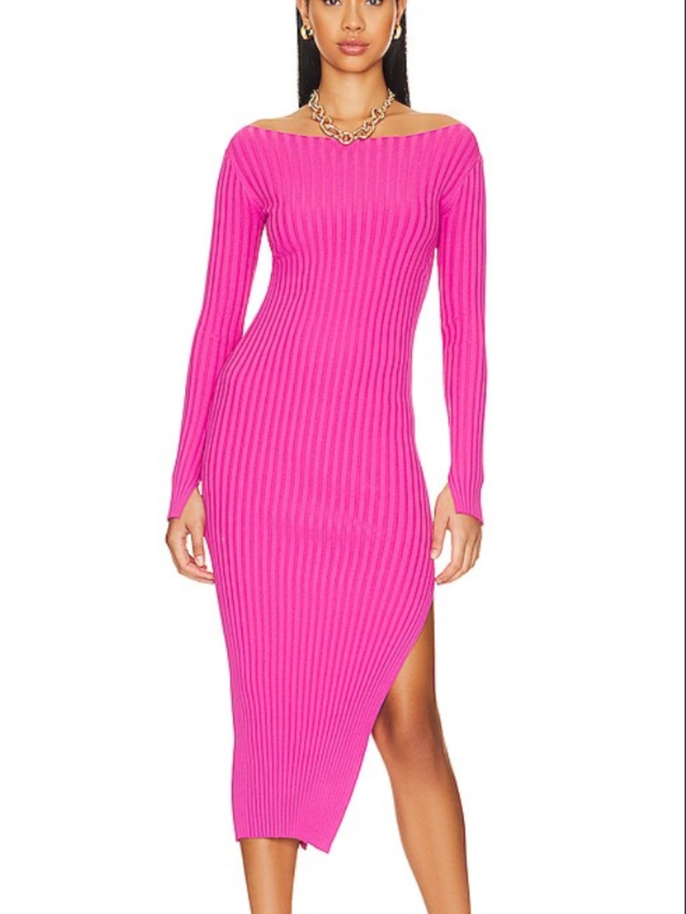 Only worn once! ASTR The Label Hilaria Hot Pink Ribbed Off Shoulder Midi Dress S